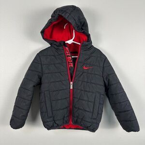 Nike Boys 3T Puffer Coat Jacket Black Red Hood Full Zip Winter Warm Long Sleeve